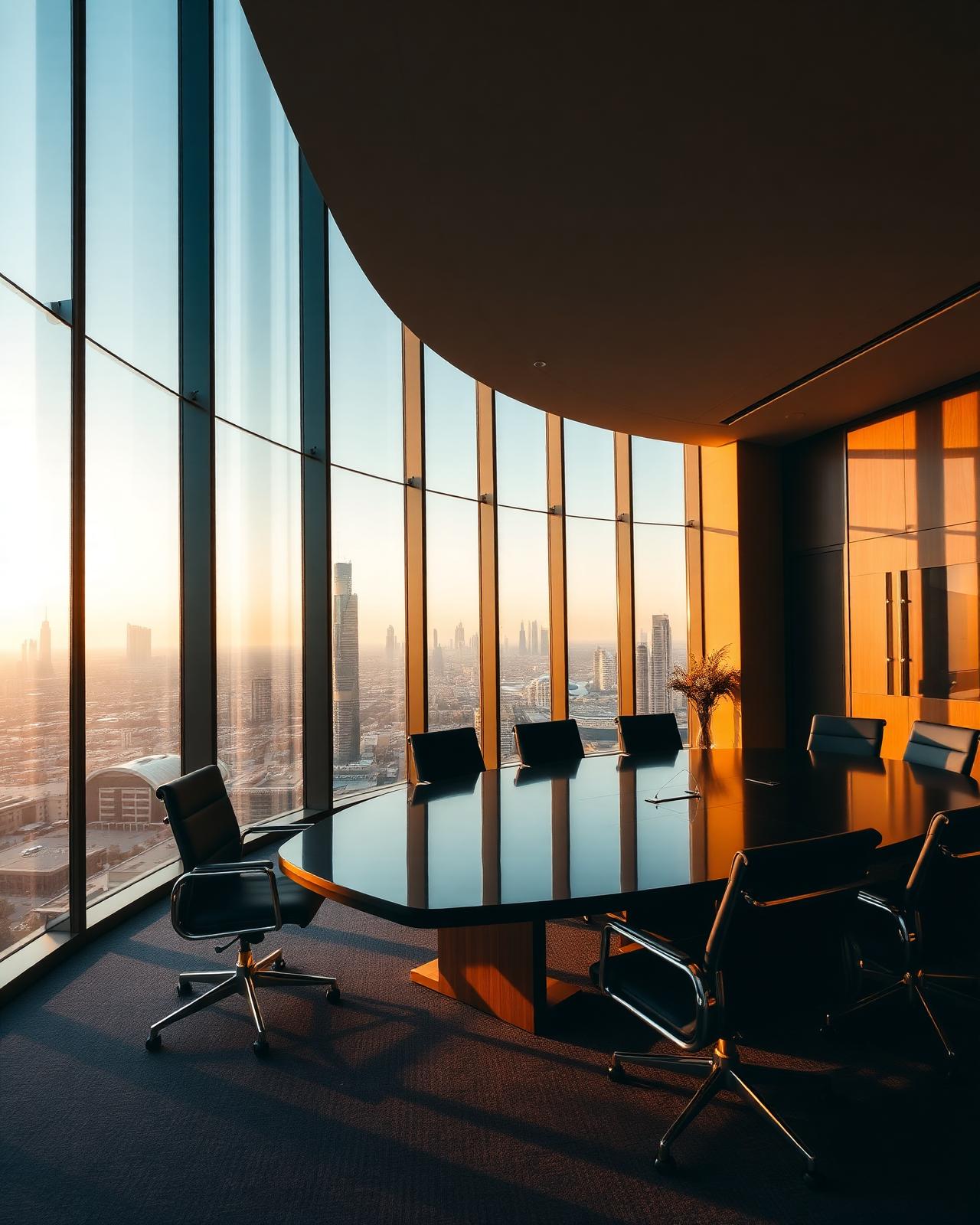 Boardroom overlooking the Dubai skyline at golden hour
